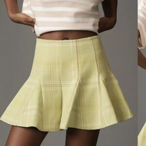 Anthropology Plaid Flare Skirt in green and soft pink and cream